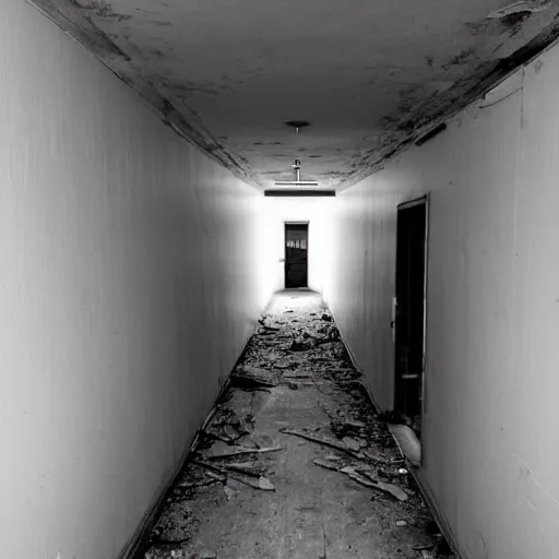 Prompt: abandoned school hallway, eerie grey lighting, floating shadow figure at the end in the distance, creepy, disturbing