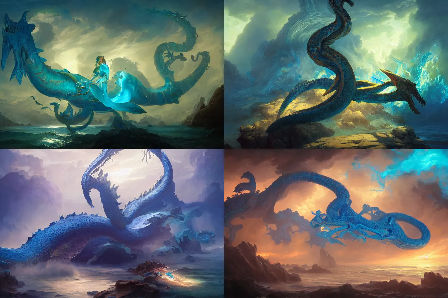 Prompt: ancient sea serpent, royal blue colors, lighting refraction, volumetric lighting, highly detailed, wlop, peter mohrbacher and greg rutkowski