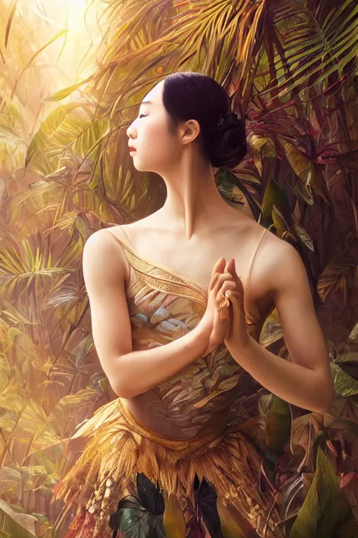 Image similar to stunningly beautiful, asian prima ballerina in jungle, symmetrical face, golden hour, smooth, focus, highly detailed, hyper realistic, dramatic lighting, elegant, intricate, concept art, art by wlop, mars ravelo, greg rutowski