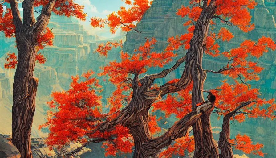 Image similar to single red maple tree growing in grand canyon, stream, tristan eaton, victo ngai, artgerm, rhads, ross draws, highly detailed, masterpiece