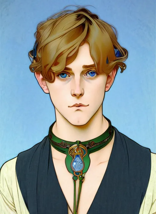 Image similar to art nouveau portrait of a pretty young man with short light brown straw blond hair, light blue eyes, sad expression, scared, head down, shy and demure, wearing a choker collar, natural lighting, path traced, highly detailed, high quality, cartoon, digital painting, by don bluth and ross tran and studio ghibli and alphonse mucha