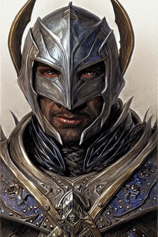 Image similar to head and shoulders portrait of an eldrich knight, drow, dark elf, shadar kai, breastplate, magical, male, high fantasy, d & d, by donato giancola, face details, extremely detailed, digital illustration
