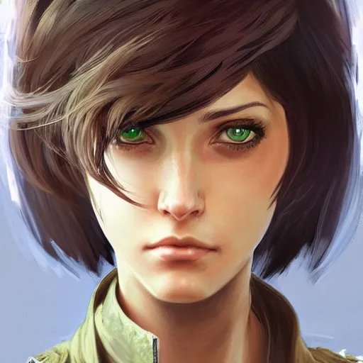 Image similar to a head and shoulders portrait of a girl with green eyes and short black hair in a tan trenchcoat, from Final Fantasy XIII, retro, smooth, sharp focus, intricate, artstation, detailed concept art by Rutkowski and Mucha and sky sewa and Marc Simonetti