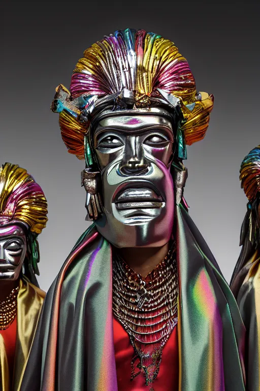 Image similar to chrome carved statue of inca goddess symmetrical three faces, metallic polished sculpture, dressed with a colorful wrapped silk cloak, made by antonio corradini, and dug stanat macabre art, dark surrealism, epic and cinematic view, volummetric light, texturized, detailed, 8 k