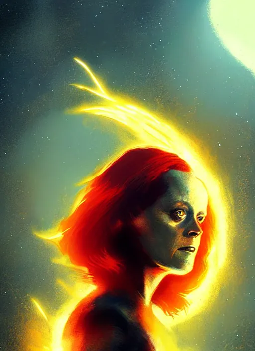 Image similar to young sigourney weaver as dark phoenix, by ismail inceoglu