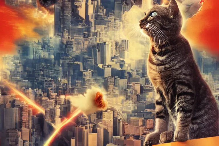 Image similar to cat attacking Tokyo, disaster movie poster, masterpiece, masterwork, cgstudio