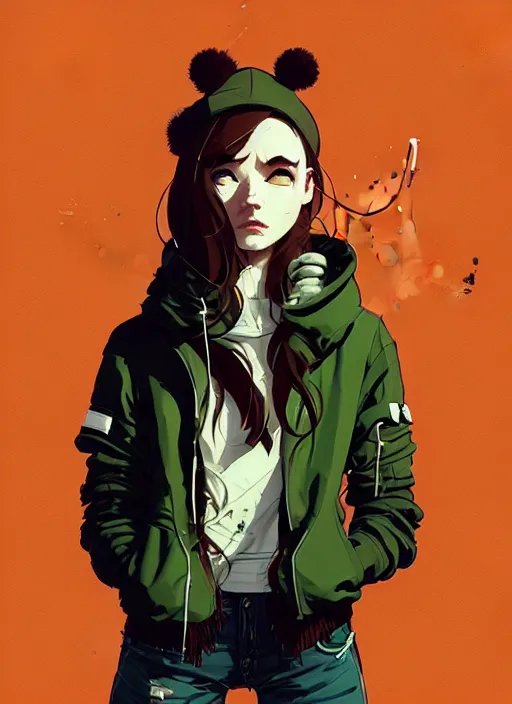 Image similar to highly detailed portrait of a cloudpunk young seattle lady, tartan hoody, by atey ghailan, by greg rutkowski, by greg tocchini, by james gilleard, by joe fenton, by kaethe butcher, gradient green, brown, blonde crea, orange, brown and white color scheme, grunge aesthetic!!! ( ( graffiti tag wall background ) )