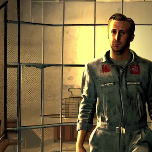 Image similar to ryan gosling in fallout 4 in a slave cage