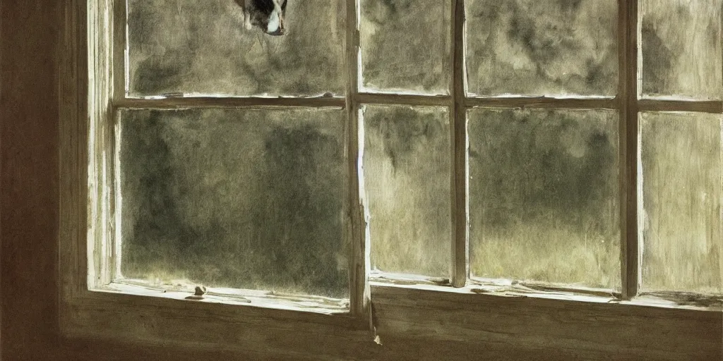 Prompt: the creepy person outside the window, a painting by Andrew Wyeth
