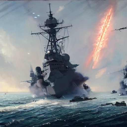 Prompt: an american navy attacking the german navy in ww 2 by greg rutkowski