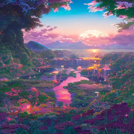 Image similar to the aesthetic view of the beautiful, grand, wistful, dreamy lonely island at dusk, hyperrealistic anime illustration by iralki nadar, colorful, extremely detailed, intricate linework, super sharp focus, bright colors, octopath traveler, studio ghibli, unreal engine 5 highly rendered, global illumination, radiant light, detailed and intricate environment