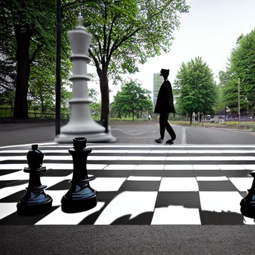 Image similar to a photo of four chess pieces with legs walking across a pedestrian crossing, like beatles abbey road, perspective, trees in the background