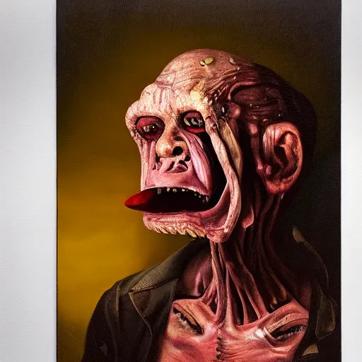 Prompt: Oil painting by Christian Rex Van Minnen of a portrait of an extremely bizarre disturbing mutated man with intense chiaroscuro lighting very detailed insanely creepy perfect composition