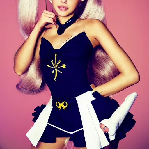 Image similar to Portrait of Ariana Grande doing Sailor Moon cosplay, 50mm photograph by annie leibovitz