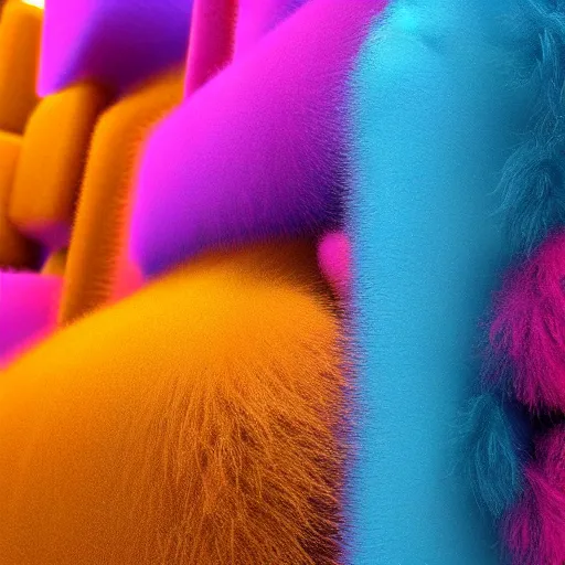 Image similar to : colorful abstract fuzzy sculpture on the wall in modern architecture, cinematic lighting, hyper - realistic, detailed, render by c 4 d octane, unreal engine, 8 k 3 d render