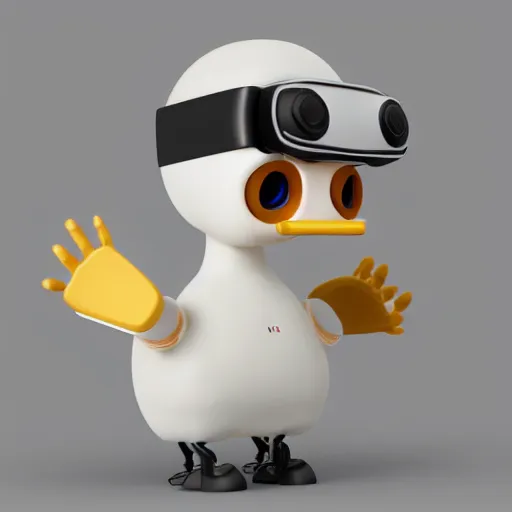 Image similar to Clay render of a cute robotic Goose with a VR headset; trending on artstation, Octane render, Unreal Engine, highly detailed