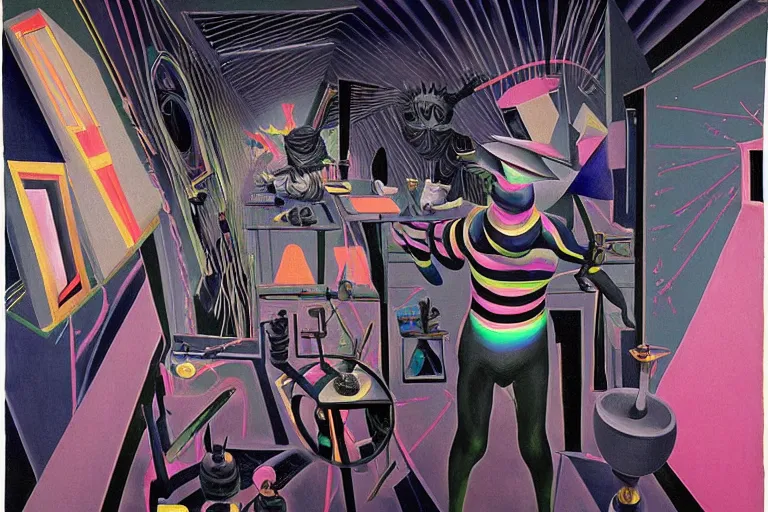 Prompt: a highly detailed beautiful masterpiece painting of a technomancer wizard in dazzle camouflage robes with pointed hood tampering with the world engine in his laboratory near a computer by Remedios Varo and Anato Finnstark and Greg Rutkowski and Andy Warhol and Francis Picabia, dayglo pink, dayglo blue, prismatic, pearlescent white, raven black, glowing, hyperrealism, 8k, trending on ArtStation