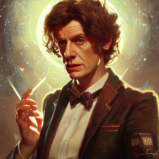 Image similar to Doctor Who, portrait, highly detailed, digital painting, artstation, concept art, sharp focus, illustration, art by artgerm and greg rutkowski and alphonse mucha