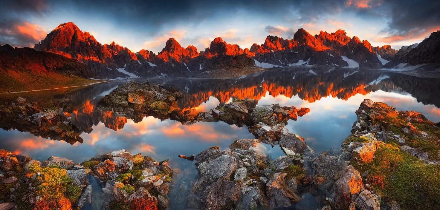 Image similar to amazing landscape photo of mountains with lake in sunset by marc adamus, beautiful dramatic lighting