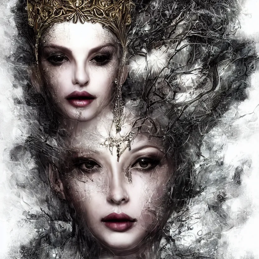 Image similar to mindblowing portrait of the enchantress queen, a stunning timeless beauty, breathtaking eyes, perfect skin, feathered eyelashes, royal gothic dress with a lot of leather, heavy silent hill aesthetic, incredibly intricate, digital art, blender, houdini & photoshop, very elegant & complex, hyper-maximalist, overdetailed, epic cinematic quality, biblical art lighting, photorealistic, lifelike, OLED, DSLR HDR 8k, face is the focus, facial feature symmetry, hyper composed, created by Nixeu & z--ed from deviantart