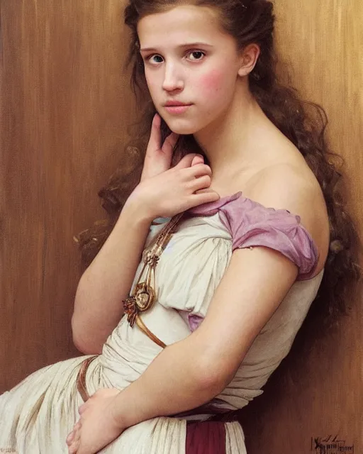 Prompt: a portrait painting of a shy, blushing 1 6 - year old alicia vikander or millie bobby brown as a princess lying on her back on a wooden floor, hair fanned around, intricate, elegant, highly detailed, artstation, concept art, by krenz cushart and donato giancola and william adolph bouguereau and alphonse mucha