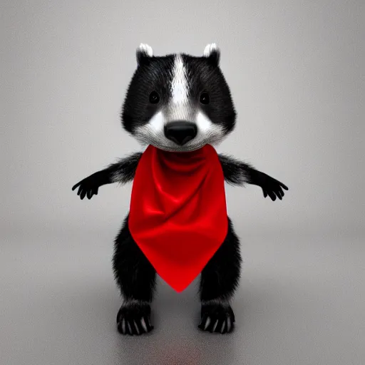 Prompt: a humanoid friendly badger running on white background towards the camera, he‘s wearing a red neckerchief, digital render