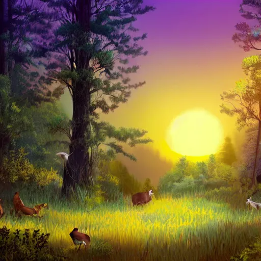 Prompt: a dreamy sunset in the forest with animals, illustration, 8k