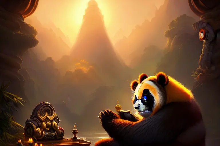 Image similar to [ important ] amazing portrait of a pandaren meditating [ / important ], hearthstone splash art, deiv calviz, splash art, natural light, elegant, intricate, fantasy, atmospheric lighting, by greg rutkowski, hearthstone splash art, hd wallpaper, ultra high details, cinematic composition