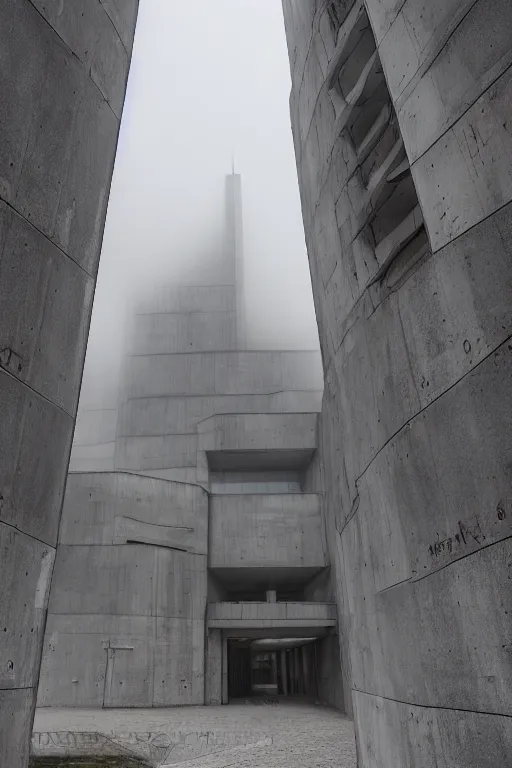 Image similar to a photograph of the russian secret service headquarters, on a misty morning. Brutalist architecture, concrete and steel. Highly detailed. Wide angle photography.