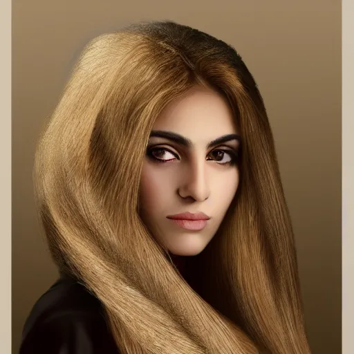 Prompt: portrait of a majestic Iranian young woman with long blonde hair, photorealist, 4k