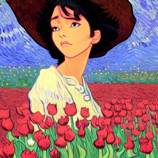 Prompt: beautiful dark skin mexican woman, dancing in a field of tulips and baby's breath, prominent, rosy cheek bones, black hair and brown eyes, van gogh art style, art by hayao miyazaki, makoto shinkai