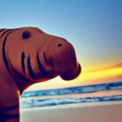 Image similar to a closeup photorealistic photograph of a cute stylish tiger hippo playing volleyball at the beach during sunset. Surf in the background. This 4K HD image is Trending on Artstation, featured on Behance, well-rendered, extra crisp, features intricate detail and the style of Unreal Engine.