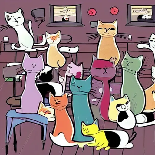 Image similar to a room full of cats singing in comic art style