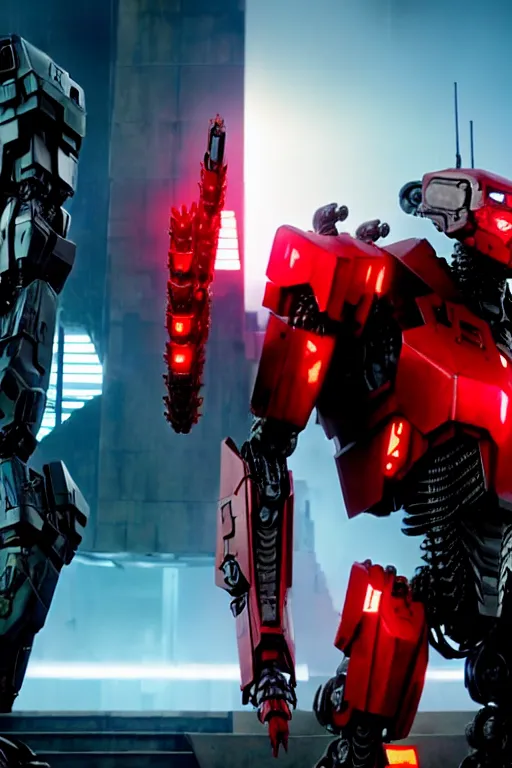 Prompt: a cinematic still from pacific rim and westworld, full body red mech, armored core, intact humanoid servo, octane render, nvidia raytracing demo, masterpiece, aged armor plating, decipticon armor plating, aggressive head, endoekeleton exposure