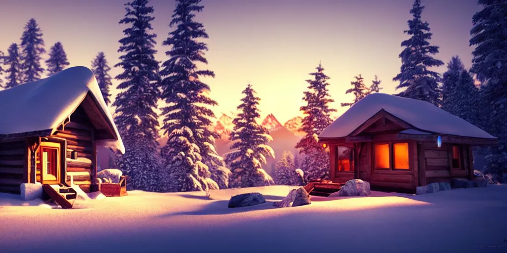 Image similar to a cozy little house in the woods, snowy mountains in the background relaxing, 3 d concept art by phillip urlich, chill, relaxing, peaceful, sunset, extremely detailed art, unreal engine 5, hyper realism