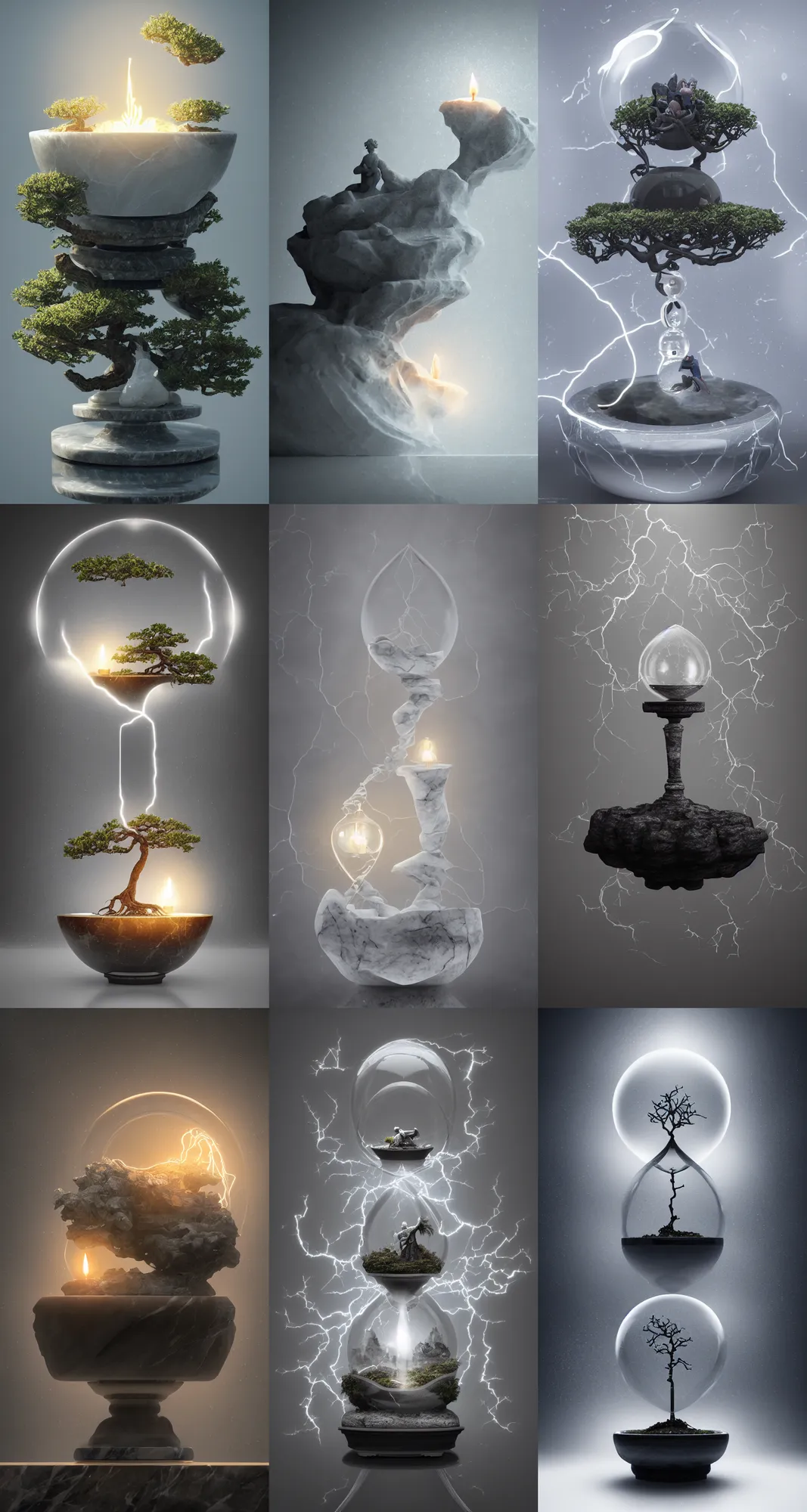 Prompt: angelic bonsai inside a marble, hourglass, lightning, intricate detail, volumetric lighting, epic composition, hyper detailed, ultra realistic, sharp focus, octane render, candle, volumetric, ray tracing, artstation trending, cgsociety, sense of awe, swirling mist, 4 k