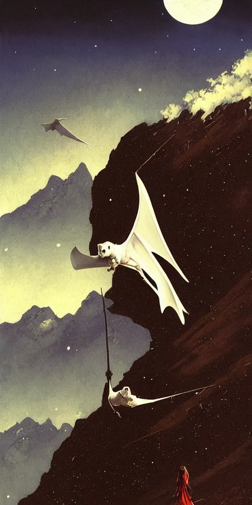 Image similar to a white bat, flying against a night sky, mountain in the background, moonlight, denoised, very detailed, painted by james gurney, norman rockwell, tom bagshaw