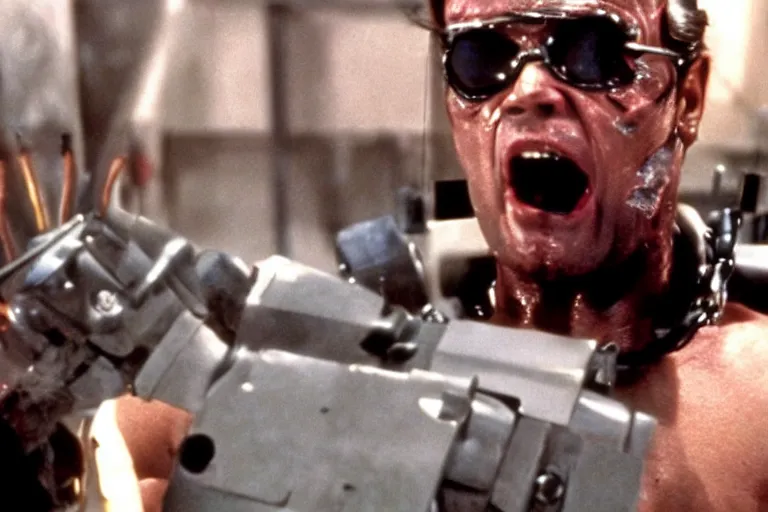 Prompt: Jack Nicholson plays Terminator, epic action scene where his endoskeleton gets exposed, still from the film, cinematic, 80s