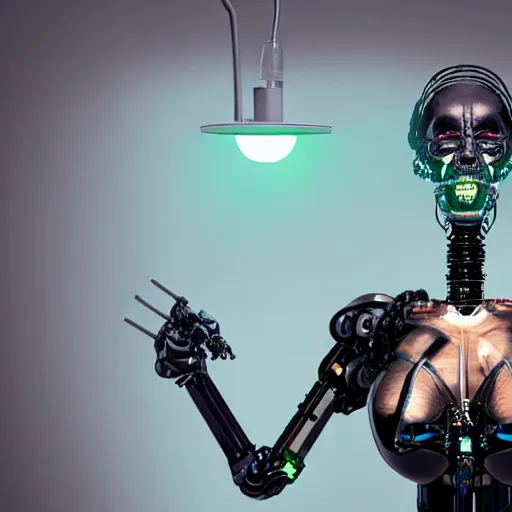 Image similar to the upper torso of a terminator cyborg lady with borg implants, human face and robotic snakes coming out of her head is hanging from cables and wires off the ceiling of a lab. Her bottom half is missing with cables hanging out. She is taking a sip from a cup of coffee. Tiny green led lights in her cybernetics. Sophisticated lab in the background, with dystopian city visible through the window. very detailed 8k. Horror cyberpunk style.