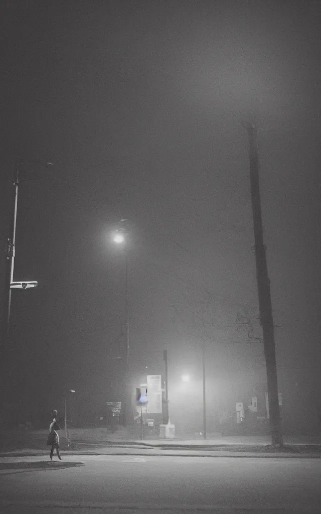 Image similar to “ quiet american neighborhood at night, a woman waiting with a black umbrella, photography in the style of gregory crewdson, mist, rule of thirds ”