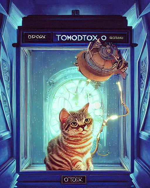 Image similar to anthropomorphic art of a timelord cat inside tardis, victorian inspired clothing by artgerm, victo ngai, ryohei hase, artstation. fractal papersand books. highly detailed digital painting, smooth, global illumination, fantasy art by greg rutkowsky, karl spitzweg, doctor who