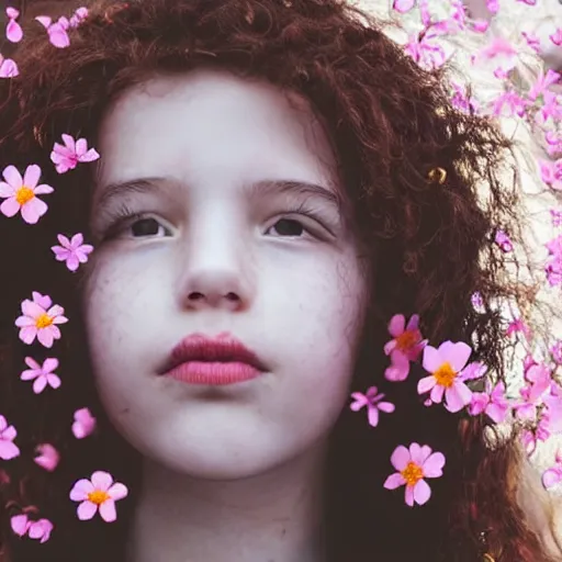 Prompt: girl looking up with flowers sprouting from her face, ethereal illustration