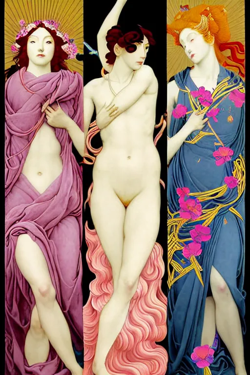 Image similar to 3 Deities symbolically representing March, April, and May, in a style blending Æon Flux, Peter Chung, Shepard Fairey, Botticelli, Ivan Bolivian, and John Singer Sargent, inspired by pre-raphaelite paintings, shoujo manga, and cool Japanese street fashion, dramatically blossoming flora and fauna, petals falling everywhere, pastel vivid triad colors, hyper detailed, super fine inking lines, ethereal and otherworldly, 4K extremely photorealistic, Arnold render