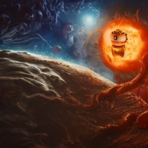 Prompt: one eldritch horror bloody garfield in space, galaxy, hd, 8 k, giant, epic, realistic photo, unreal engine, stars, prophecy, powerful, cinematic lighting, destroyed planet, debris, violent, sinister, ray tracing, dynamic, print, epic composition, dark, horrific, teeth, grotesque, scary, monochrome drawing