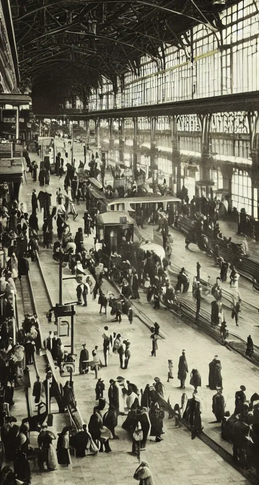 Image similar to interior of a victorian railway station, people on the platforms, luggage, atmospheric, dramatic architecture