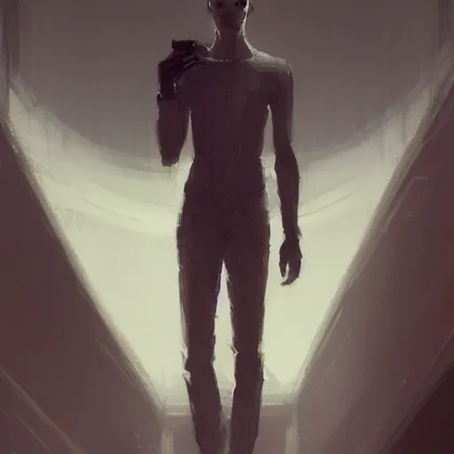 Image similar to concept art by greg rutkowski, a very tall and slender young man, dressed in patient clothes and an open sweatshirt, wandering through the desolate, futuristic, brutalist interior of a space colony, depressing atmosphere, low lighting, scifi, highly detailed portrait, digital painting, artstation, concept art, smooth, sharp foccus ilustration, artstation hq