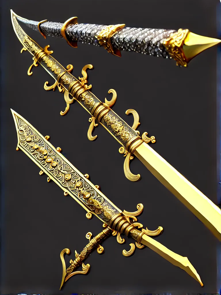 Image similar to ornate magic long sword, proportional image, clean background, 3 d octane render, blade, sharp, gold, gems, cryptoblades