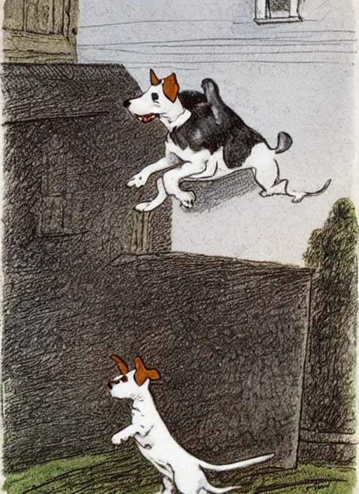 Image similar to jack russel terrier jumping from the ground over a small house, illustrated by peggy fortnum and beatrix potter and sir john tenniel