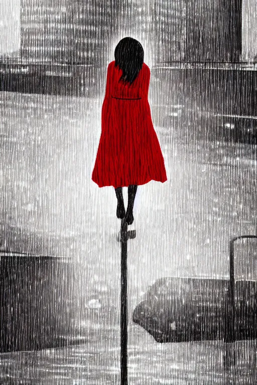 Image similar to a girl in a red dress crying in the middle of a city while its raining, digital art