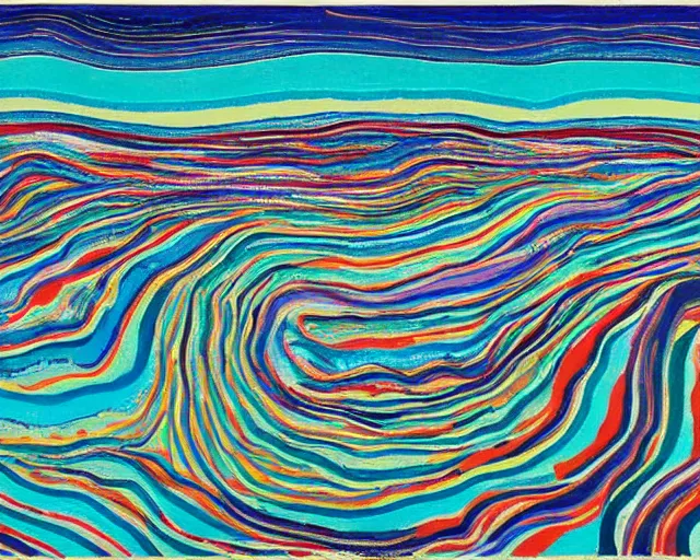 Image similar to Ocean waves in a psychedelic dream world. DMT. Curving rivers. Landscape painting by Edvard Munch. David Hockney. Takashi Murakami. Minimalist.